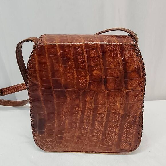 Vintage Genuine Alligator Leather Brown adjustable Shoulder Small Handbag - Picture 2 of 13